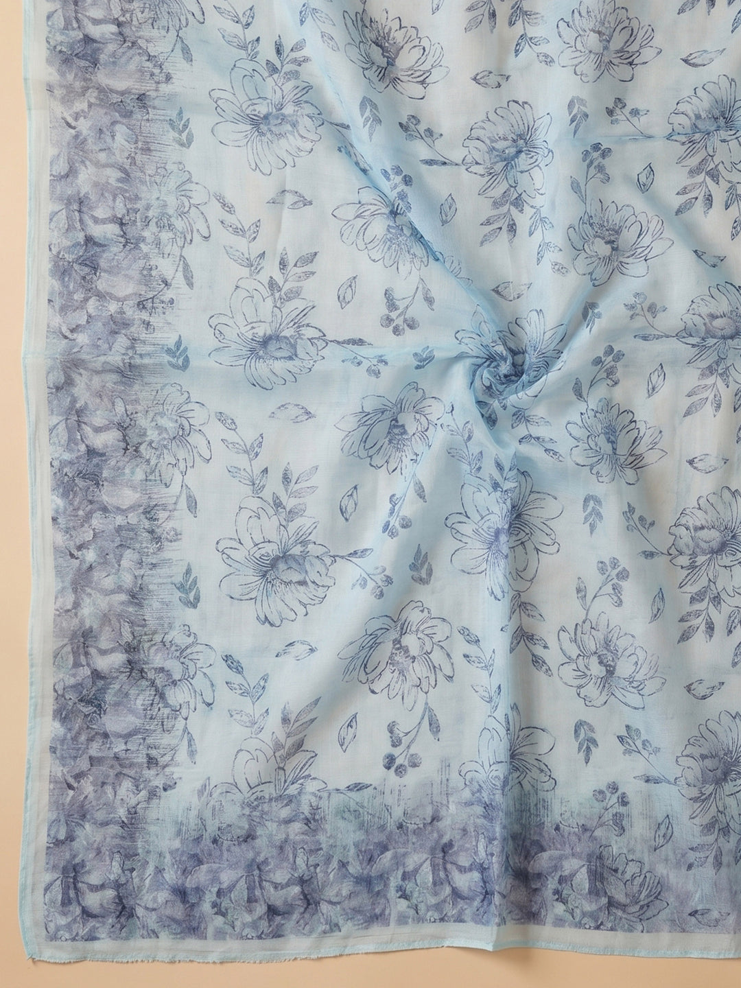 Blue Printed Chanderi Unstitched Suit With Pant &amp; Dupatta