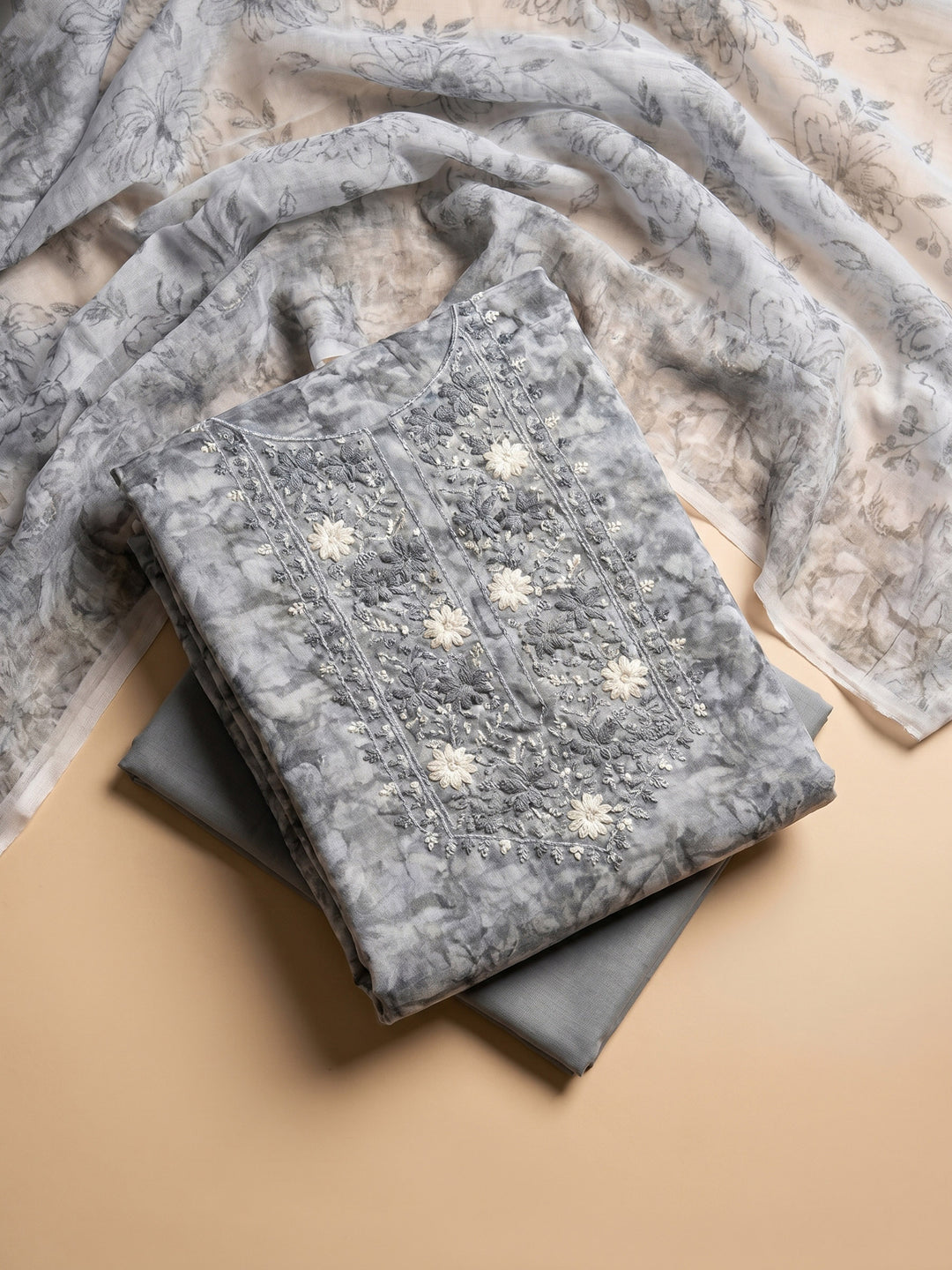 Grey Printed Chanderi Unstitched Suit With Pant &amp; Dupatta