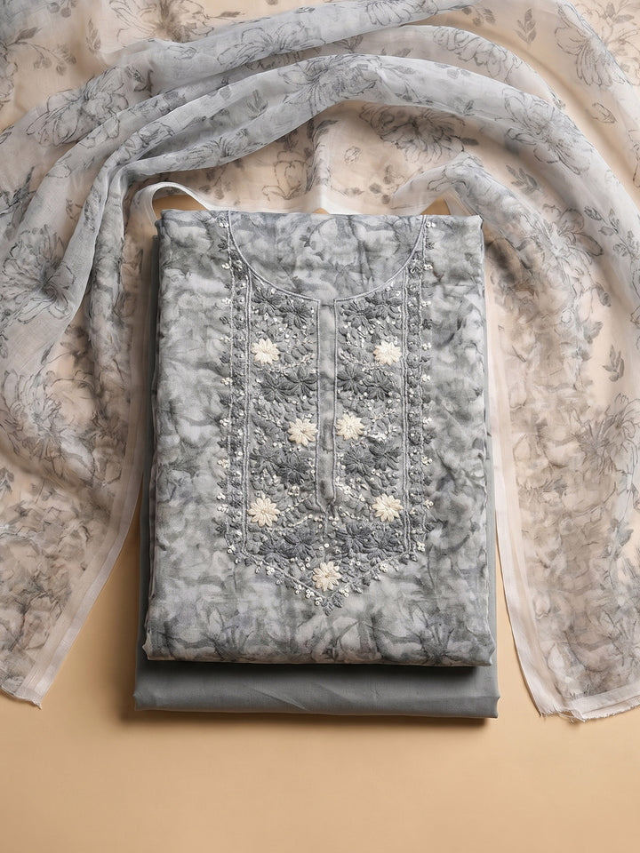 Grey Printed Chanderi Unstitched Suit With Pant &amp; Dupatta
