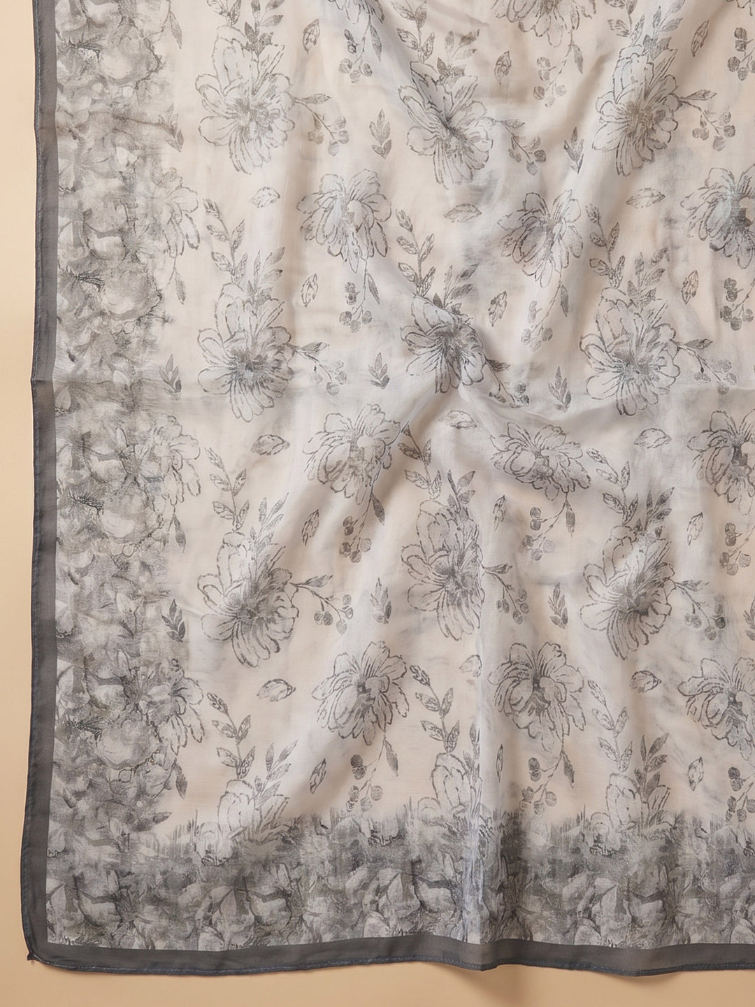 Grey Printed Chanderi Unstitched Suit With Pant &amp; Dupatta