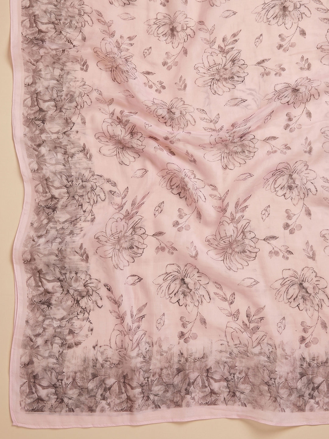 Peach Printed Chanderi Unstitched Suit With Pant &amp; Dupatta