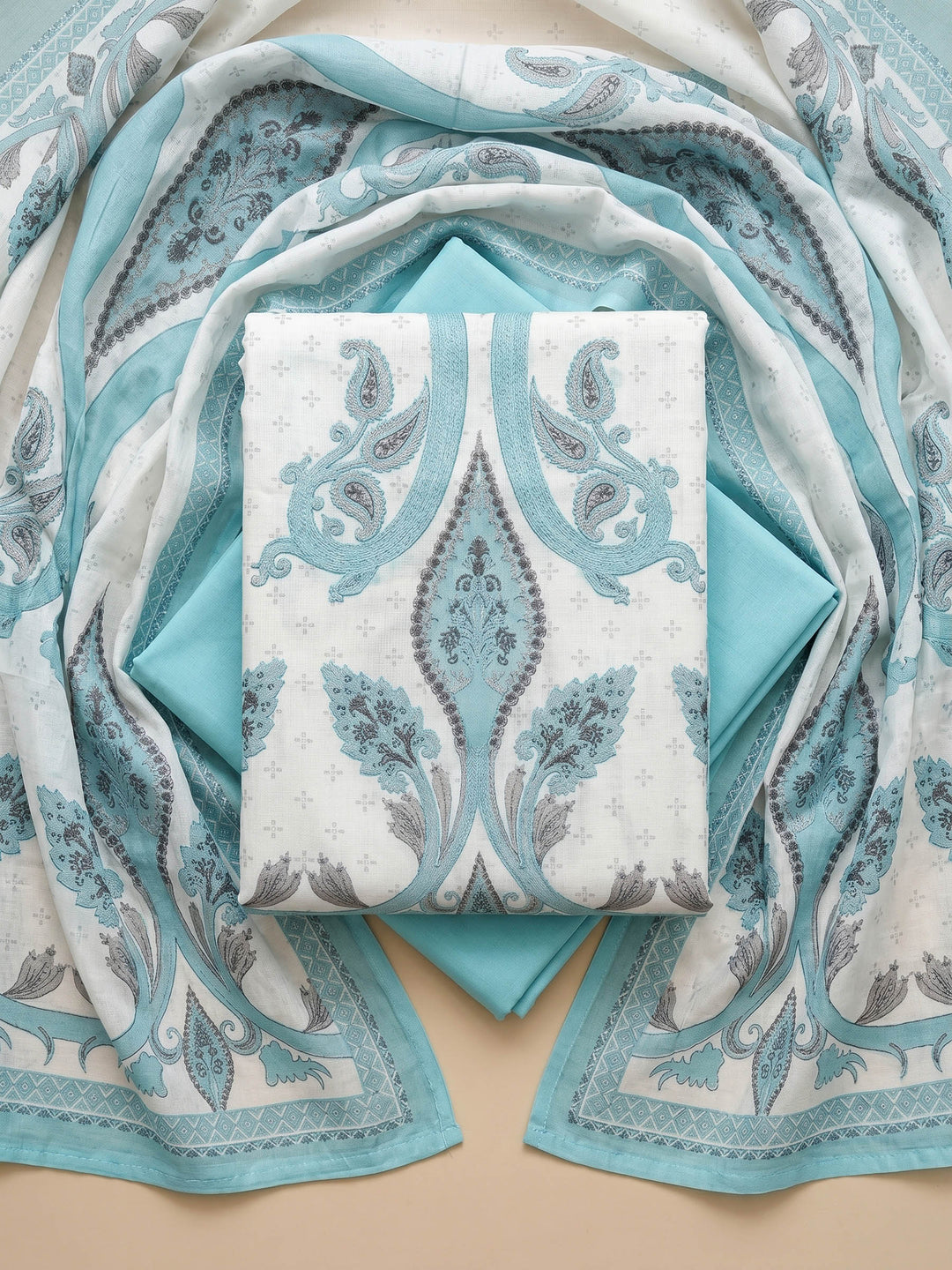 Firozee Printed Cotton Blend Unstitched Suit With Pant &amp; Dupatta
