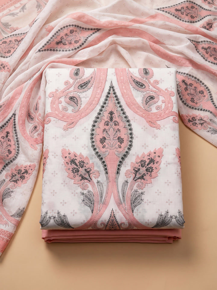 Peach Printed Cotton Blend Unstitched Suit With Pant &amp; Dupatta
