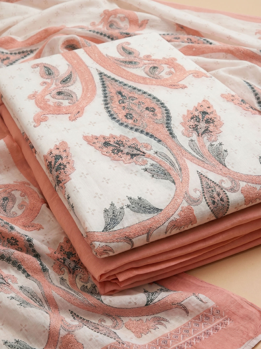 Peach Printed Cotton Blend Unstitched Suit With Pant &amp; Dupatta