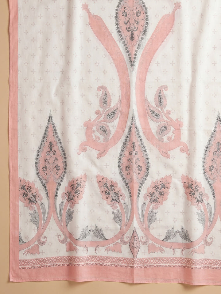 Peach Printed Cotton Blend Unstitched Suit With Pant &amp; Dupatta