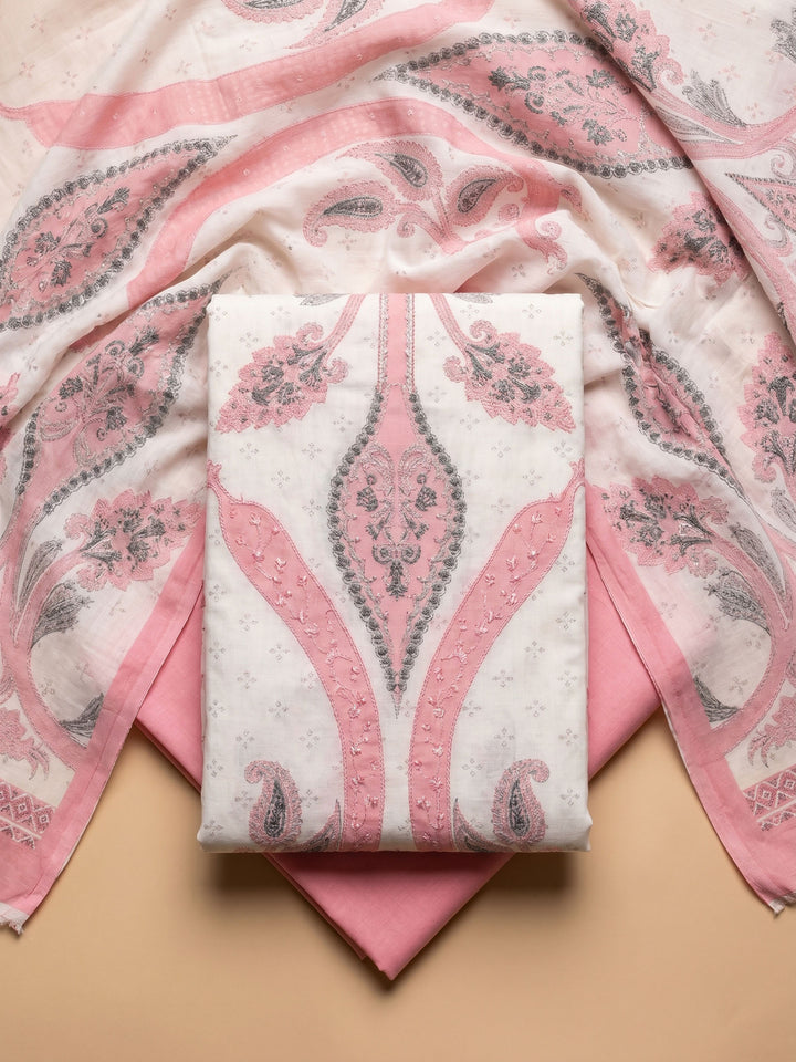 Pink Printed Cotton Blend Unstitched Suit With Pant &amp; Dupatta