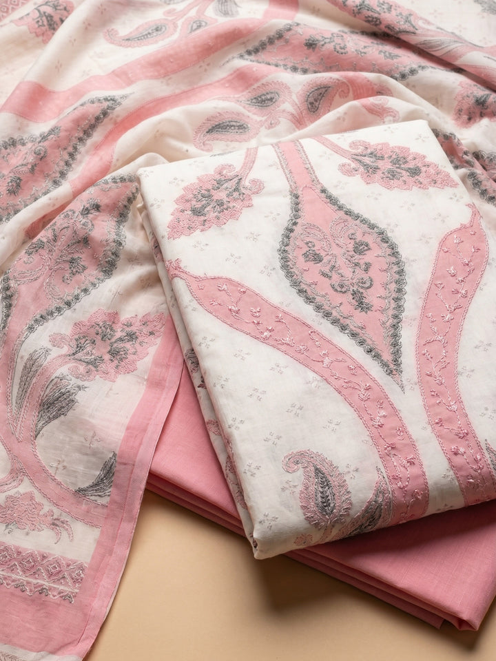 Pink Printed Cotton Blend Unstitched Suit With Pant &amp; Dupatta