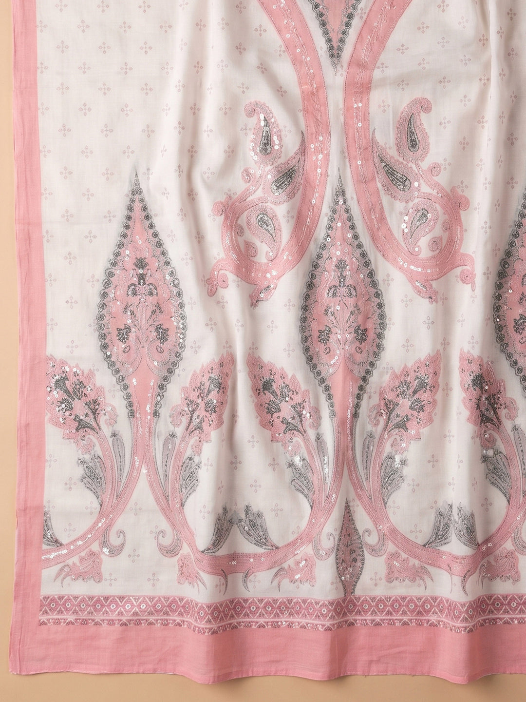 Pink Printed Cotton Blend Unstitched Suit With Pant &amp; Dupatta