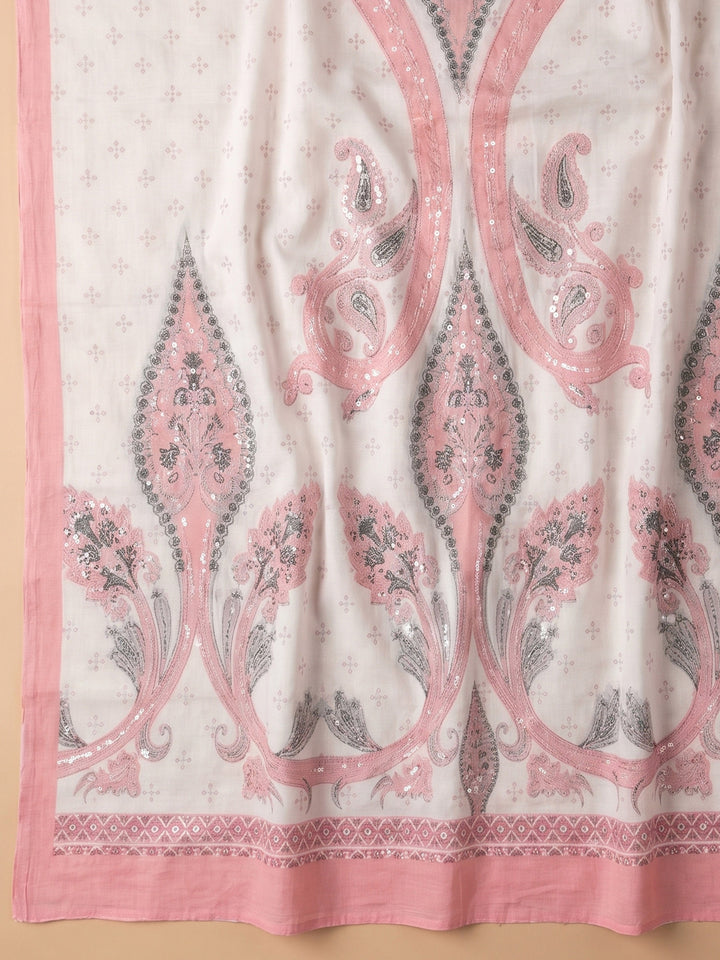 Pink Printed Cotton Blend Unstitched Suit With Pant &amp; Dupatta