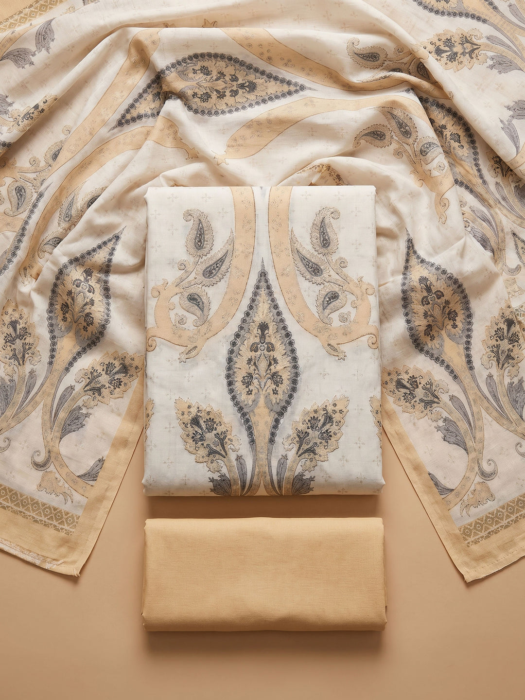 Yellow Printed Cotton Blend Unstitched Suit With Pant &amp; Dupatta