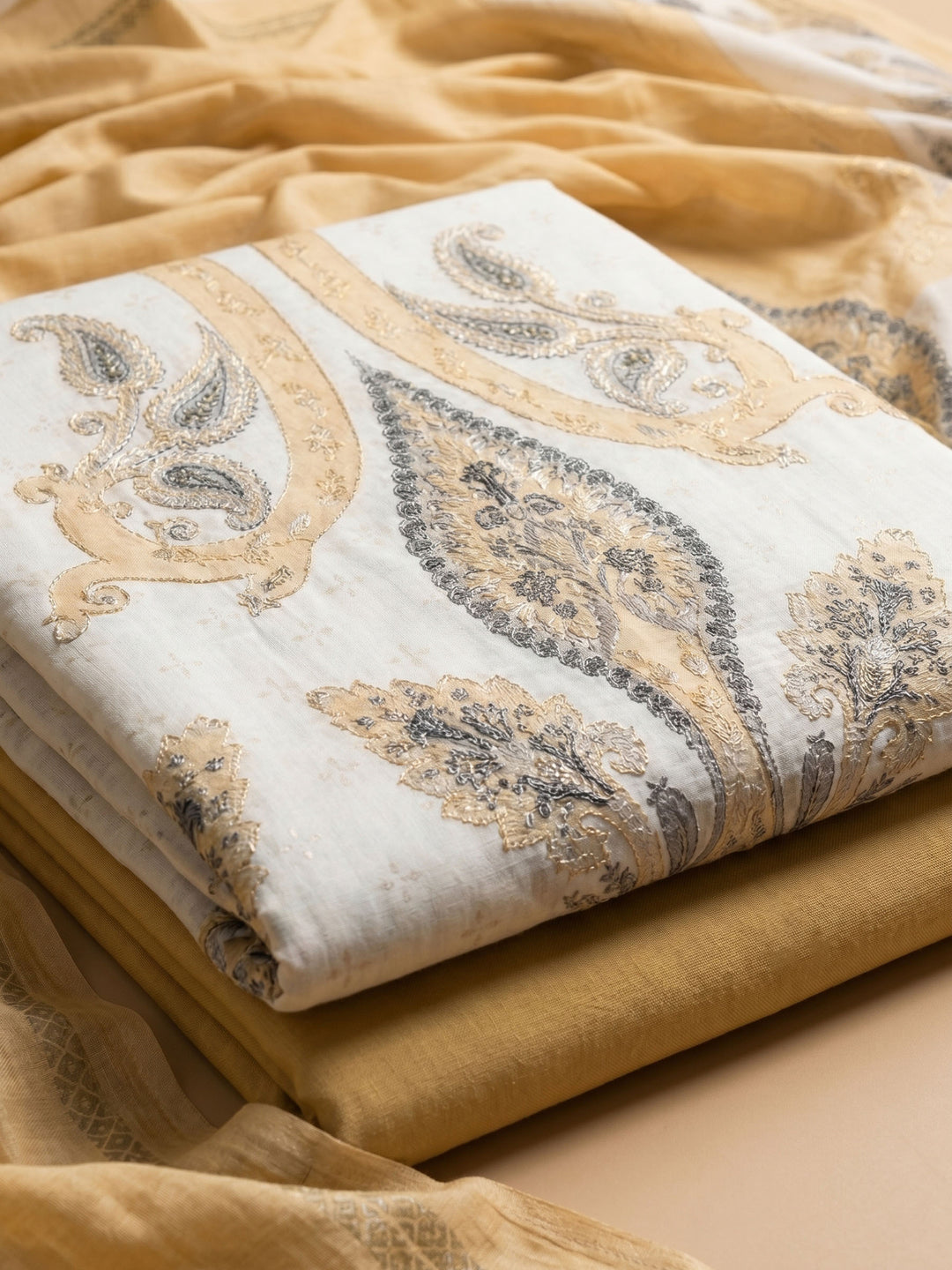 Yellow Printed Cotton Blend Unstitched Suit With Pant &amp; Dupatta