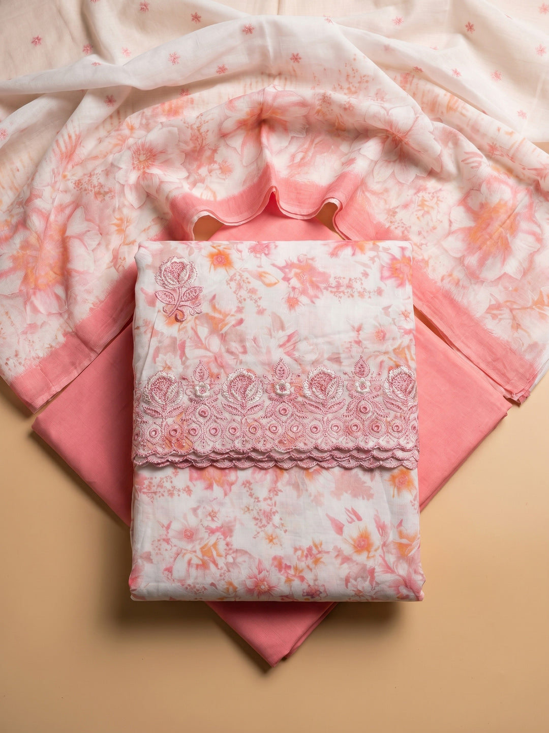Peach Embroidered Cotton Blend Unstitched Suit With Pant &amp; Dupatta
