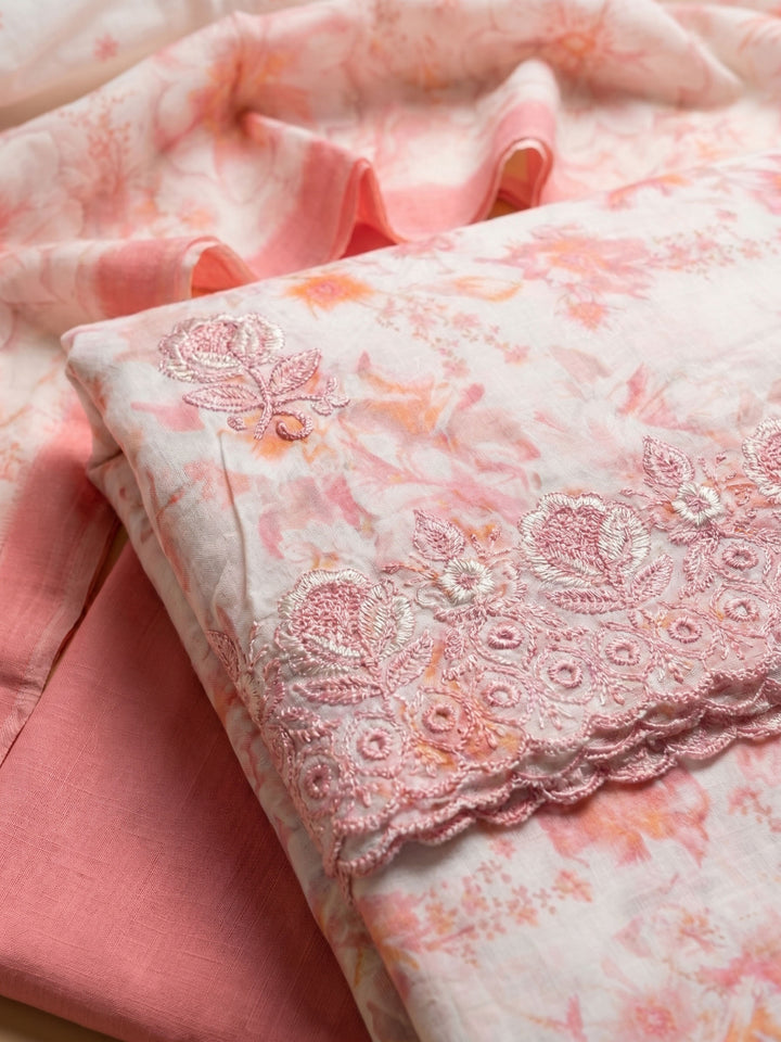 Peach Embroidered Cotton Blend Unstitched Suit With Pant &amp; Dupatta