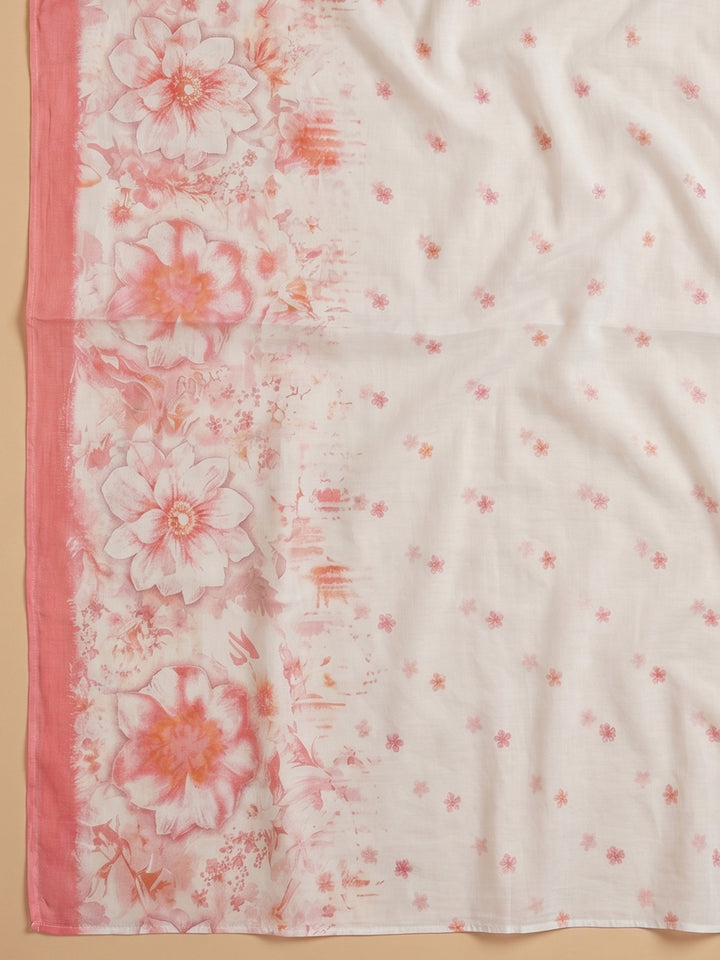 Peach Embroidered Cotton Blend Unstitched Suit With Pant &amp; Dupatta