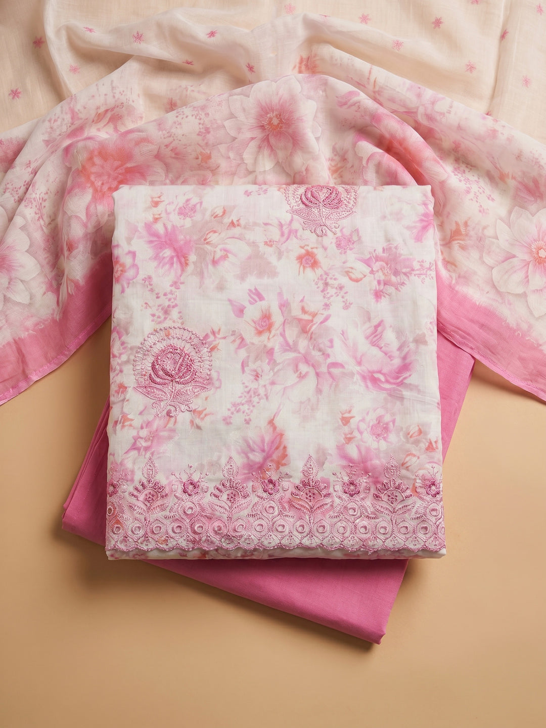 Pink Embroidered Cotton Blend Unstitched Suit With Pant &amp; Dupatta