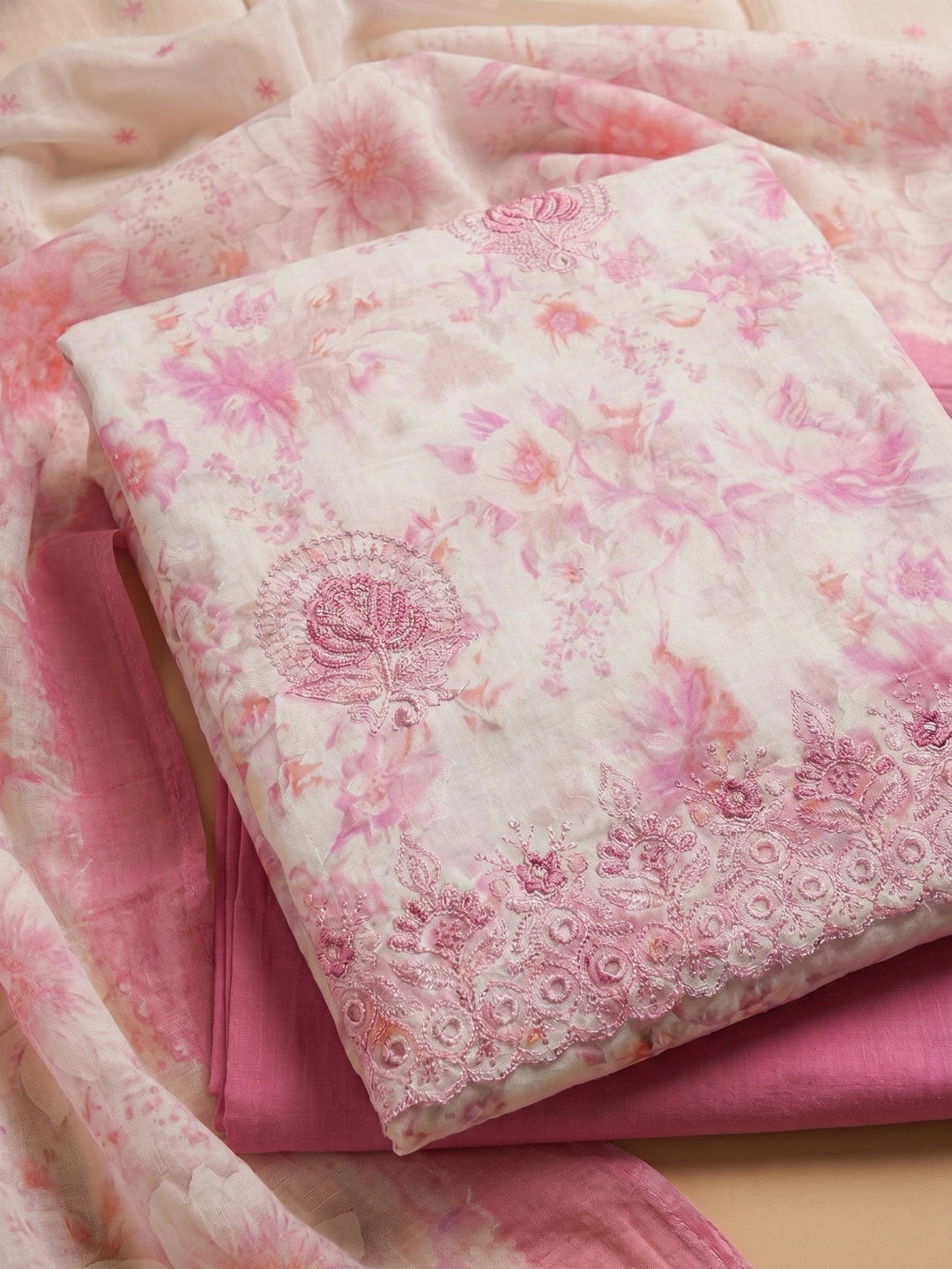 Pink Embroidered Cotton Blend Unstitched Suit With Pant &amp; Dupatta