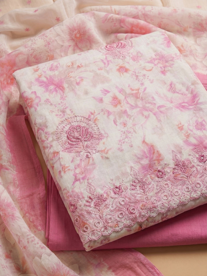 Pink Embroidered Cotton Blend Unstitched Suit With Pant &amp; Dupatta