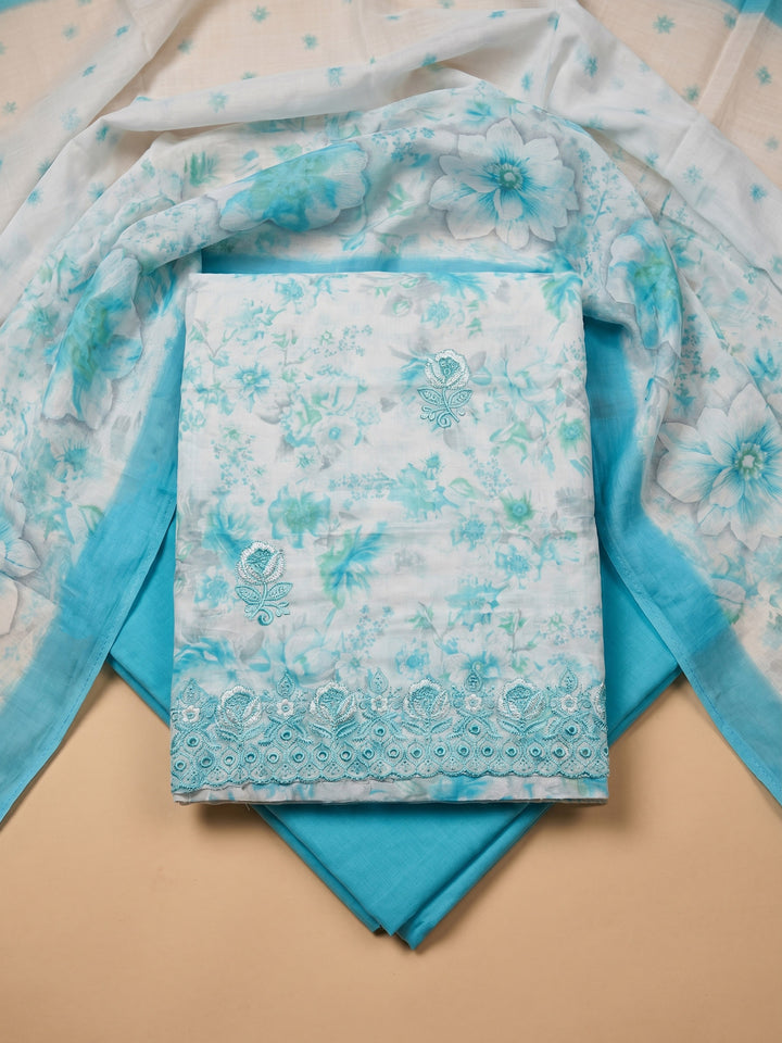 Sea Green Embroidered Cotton Blend Unstitched Suit With Pant &amp; Dupatta