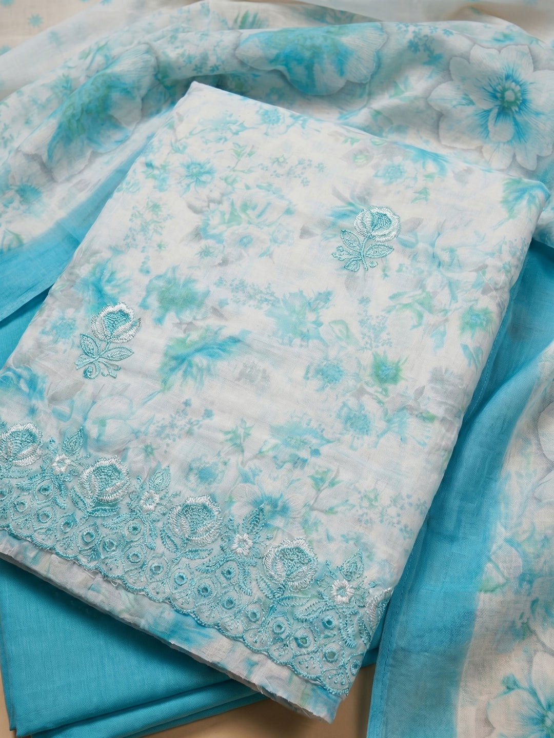 Sea Green Embroidered Cotton Blend Unstitched Suit With Pant &amp; Dupatta