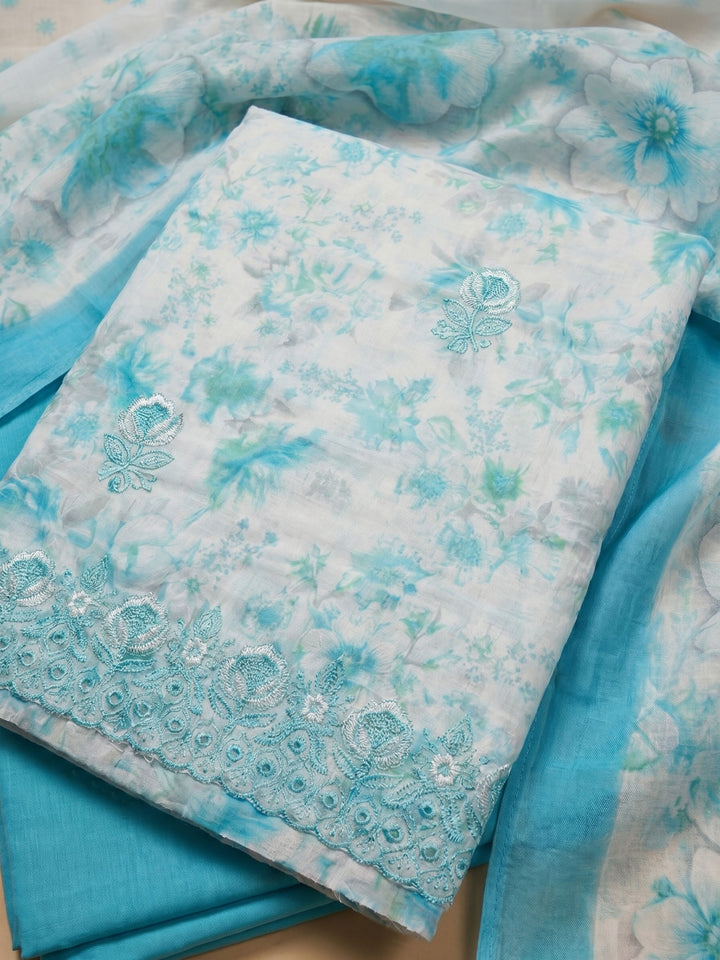 Sea Green Embroidered Cotton Blend Unstitched Suit With Pant &amp; Dupatta
