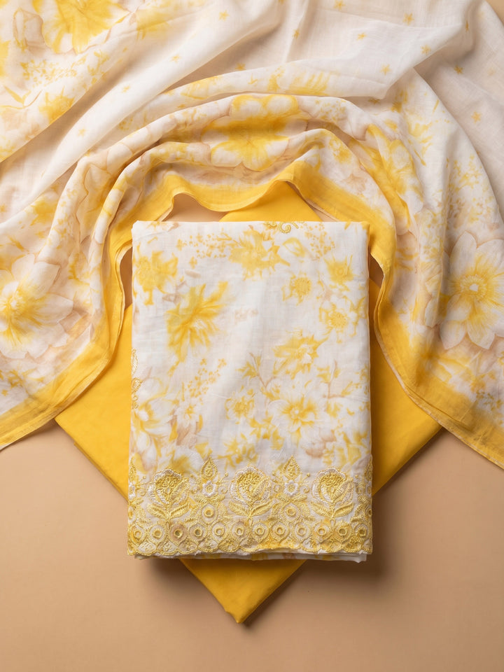 Yellow Embroidered Cotton Blend Unstitched Suit With Pant &amp; Dupatta