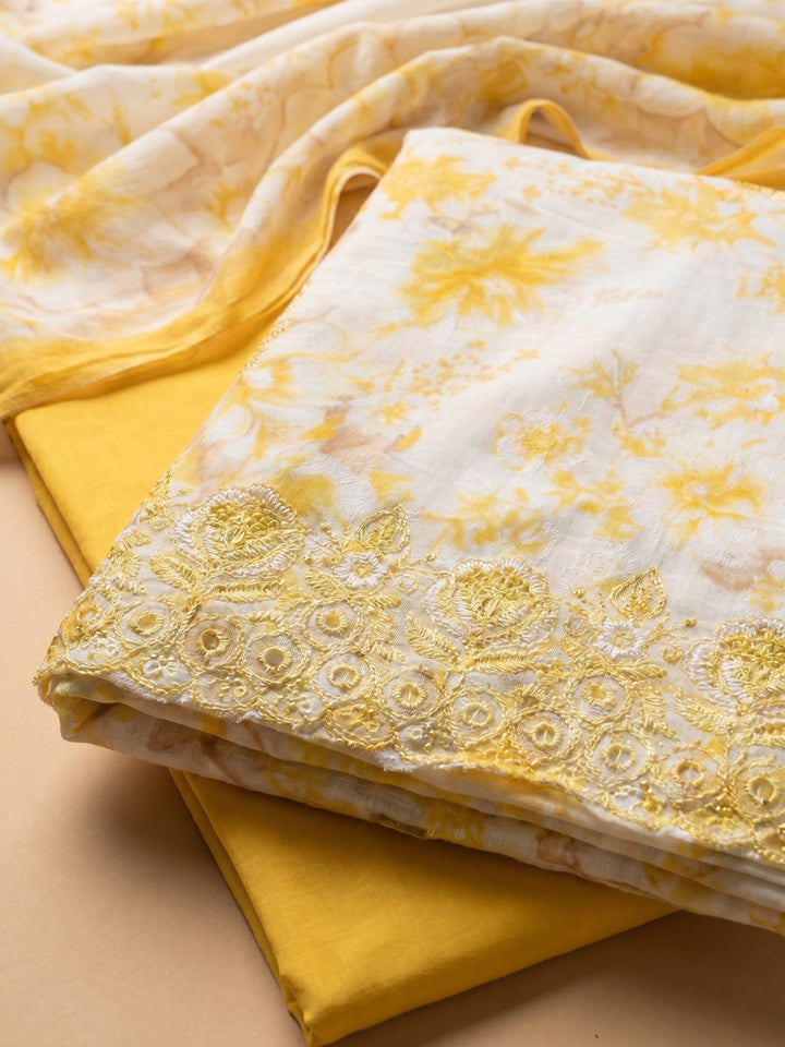 Yellow Embroidered Cotton Blend Unstitched Suit With Pant &amp; Dupatta