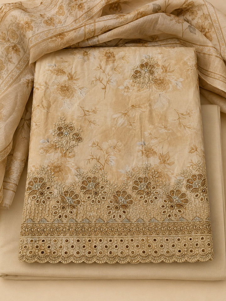 Beige Printed Cotton Blend Unstitched Suit &amp; Pant With Cotton Dupatta