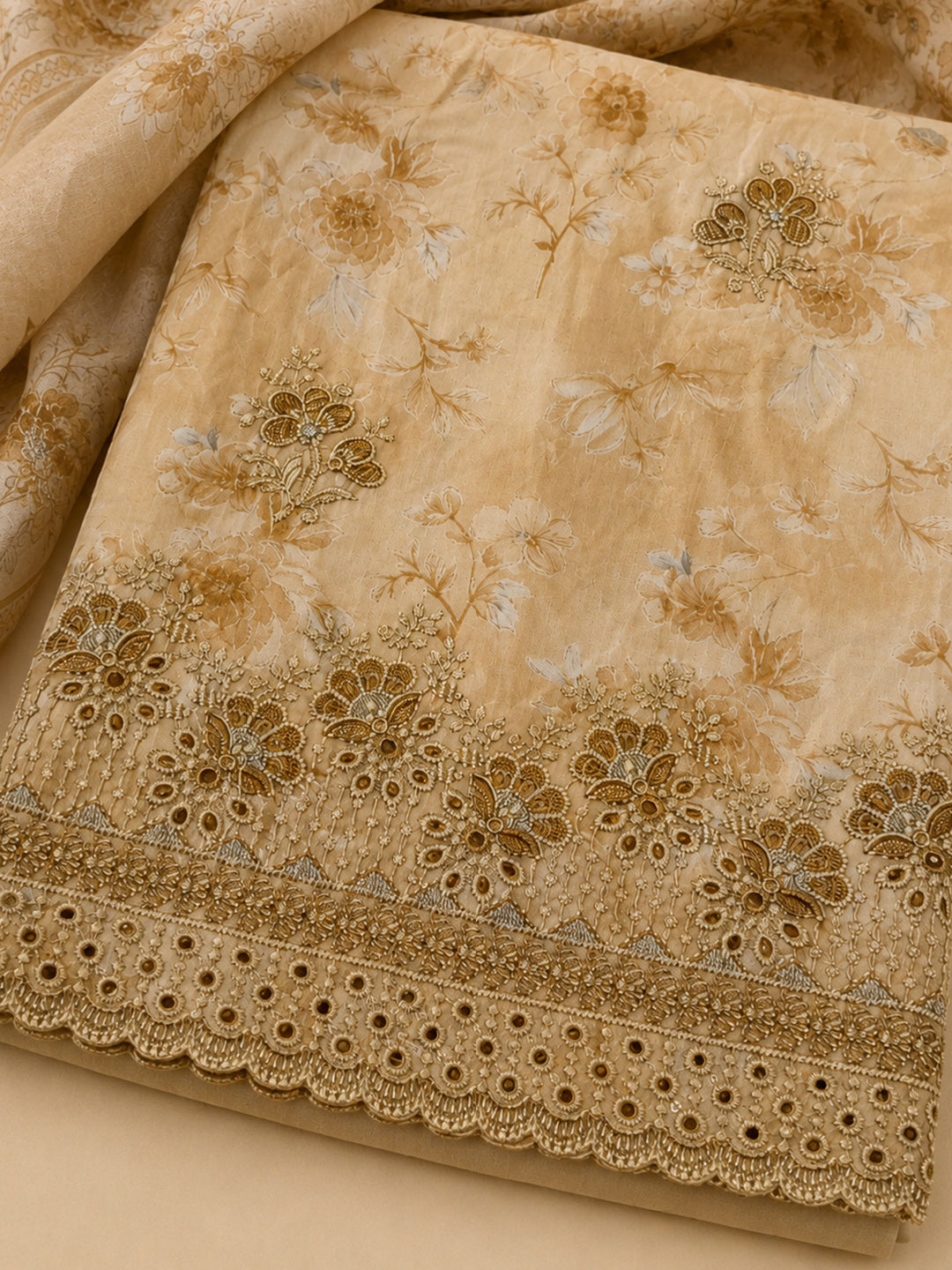 Beige Printed Cotton Blend Unstitched Suit &amp; Pant With Cotton Dupatta