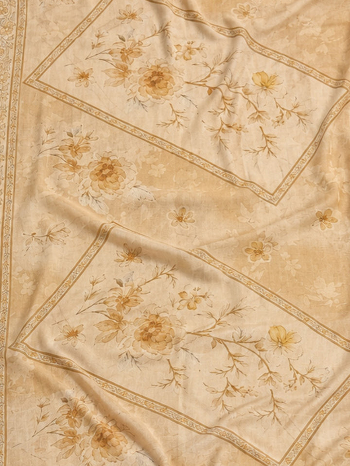 Beige Printed Cotton Blend Unstitched Suit &amp; Pant With Cotton Dupatta