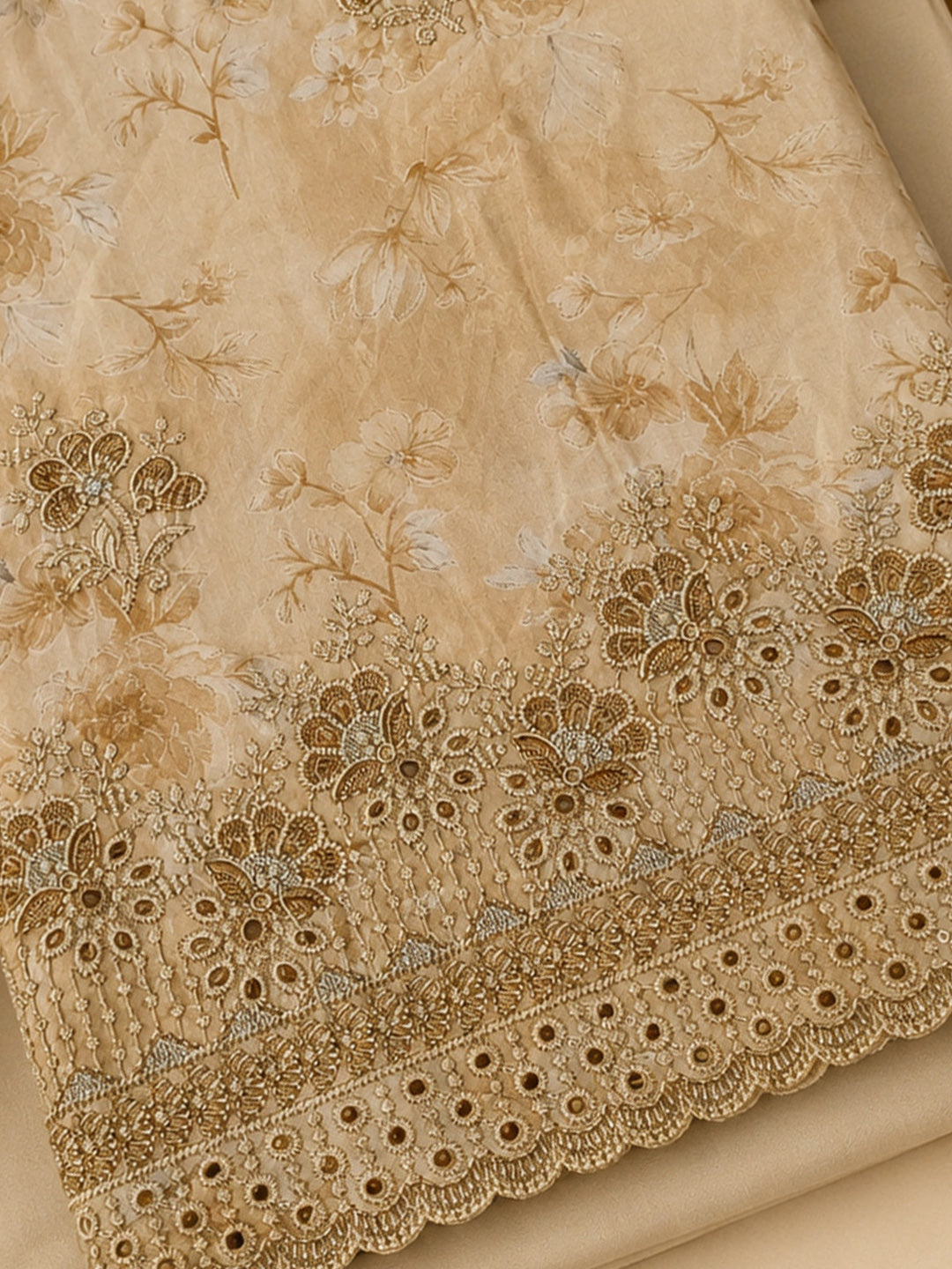 Beige Printed Cotton Blend Unstitched Suit &amp; Pant With Cotton Dupatta