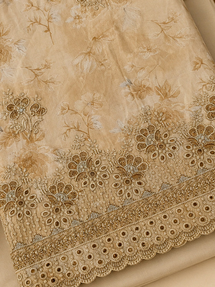 Beige Printed Cotton Blend Unstitched Suit &amp; Pant With Cotton Dupatta