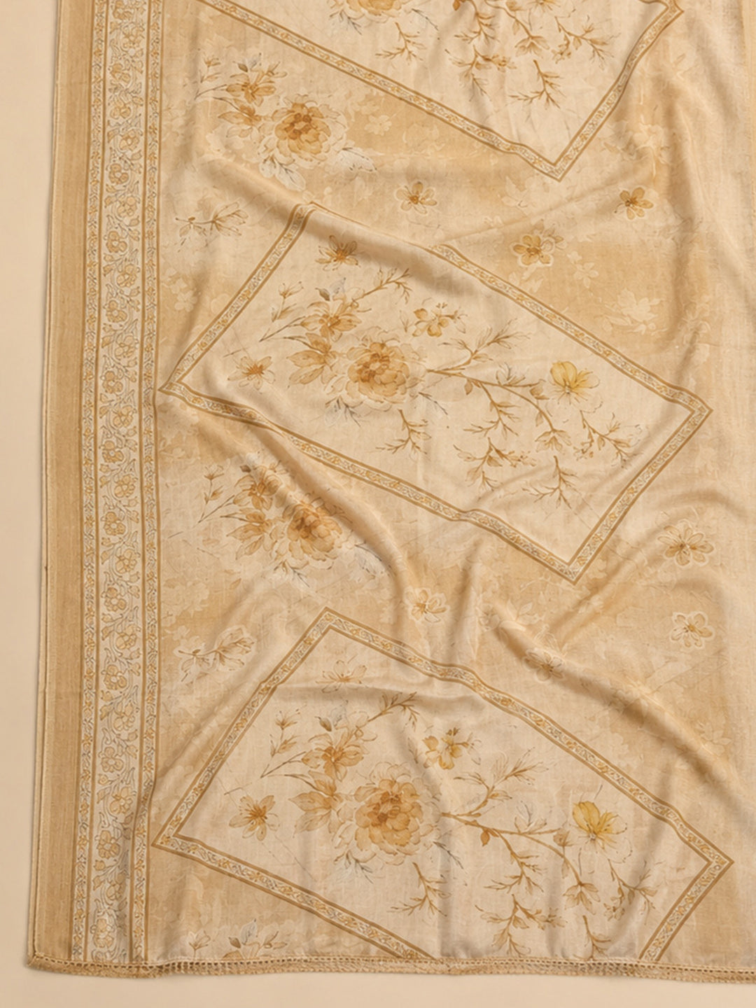 Beige Printed Cotton Blend Unstitched Suit &amp; Pant With Cotton Dupatta
