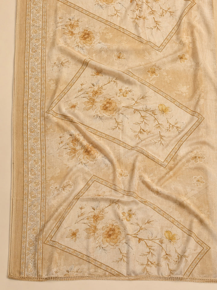 Beige Printed Cotton Blend Unstitched Suit &amp; Pant With Cotton Dupatta