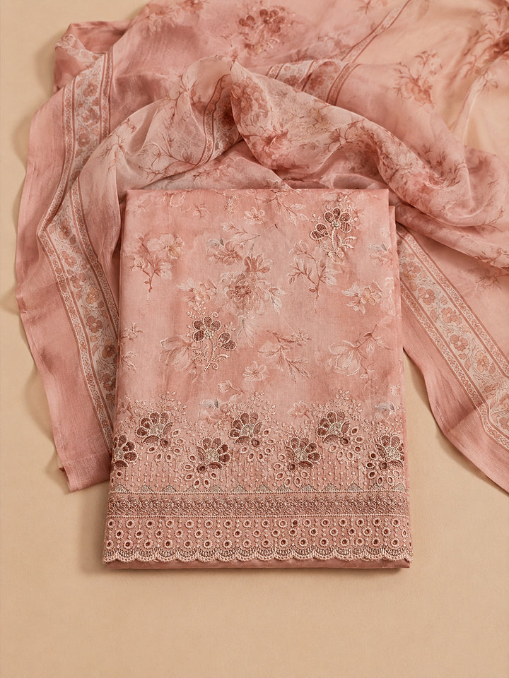 Peach Printed Cotton Blend Unstitched Suit &amp; Pant With Cotton Dupatta