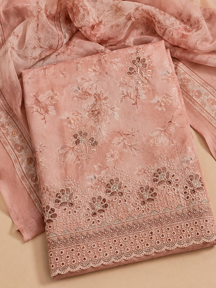 Peach Printed Cotton Blend Unstitched Suit &amp; Pant With Cotton Dupatta
