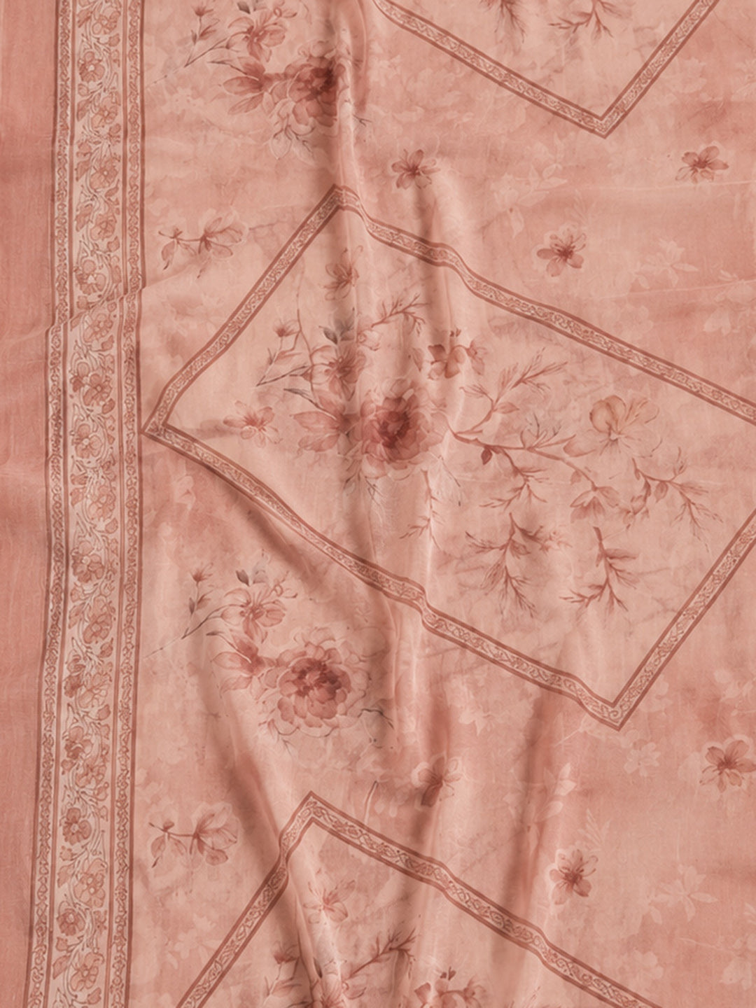 Peach Printed Cotton Blend Unstitched Suit &amp; Pant With Cotton Dupatta