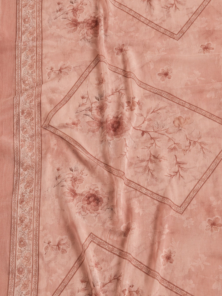 Peach Printed Cotton Blend Unstitched Suit &amp; Pant With Cotton Dupatta