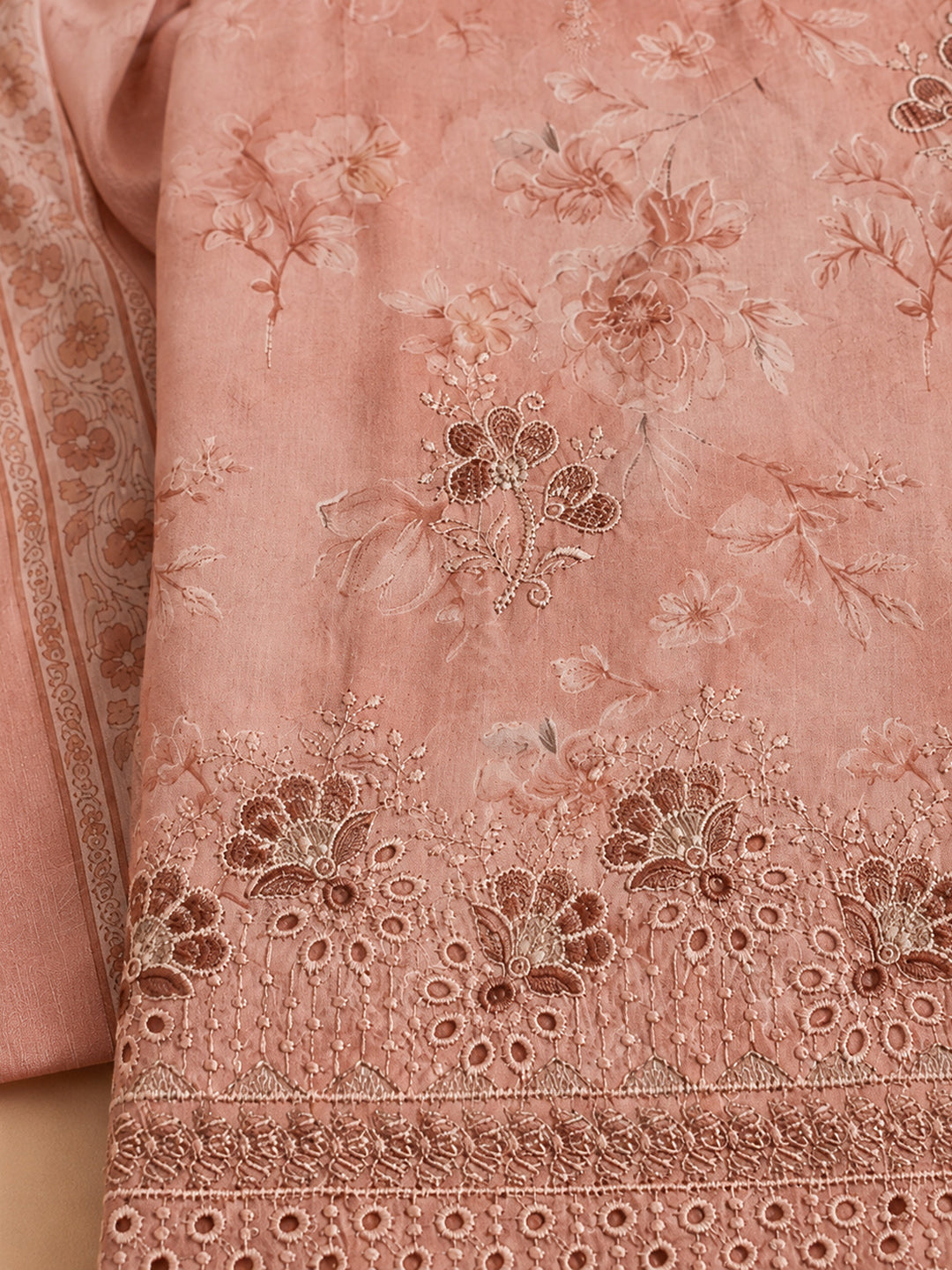 Peach Printed Cotton Blend Unstitched Suit &amp; Pant With Cotton Dupatta