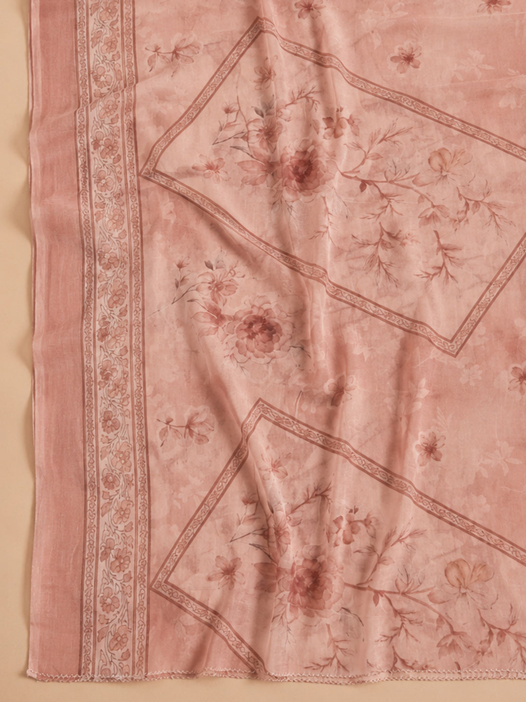 Peach Printed Cotton Blend Unstitched Suit &amp; Pant With Cotton Dupatta