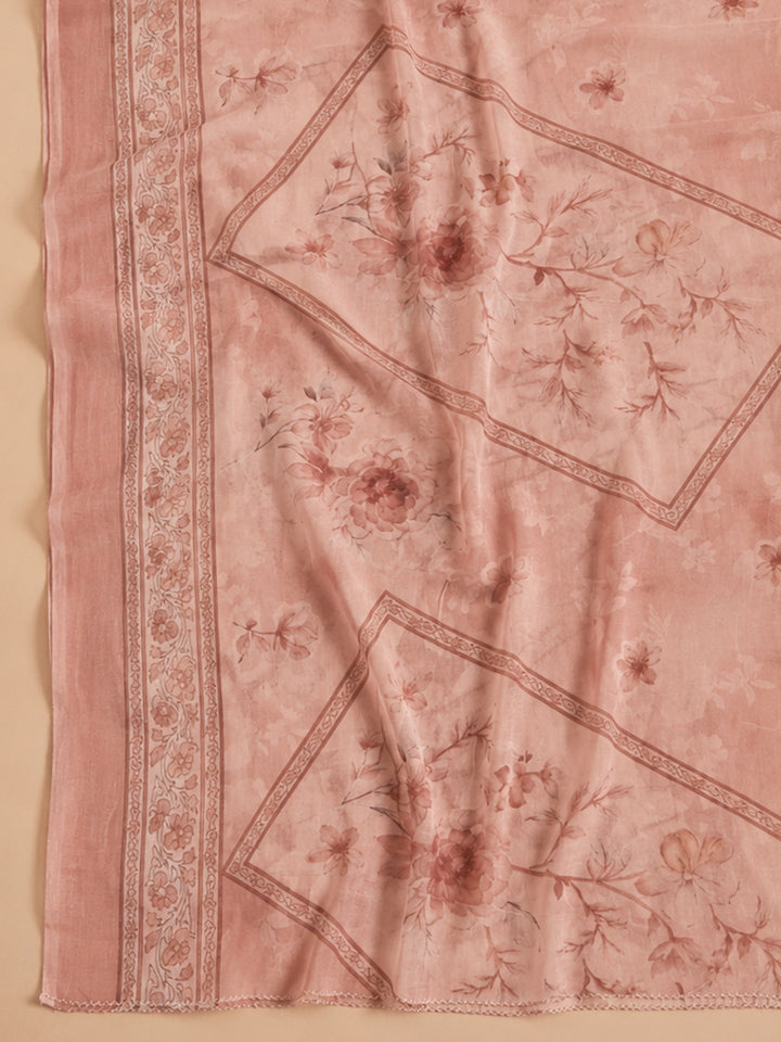 Peach Printed Cotton Blend Unstitched Suit &amp; Pant With Cotton Dupatta