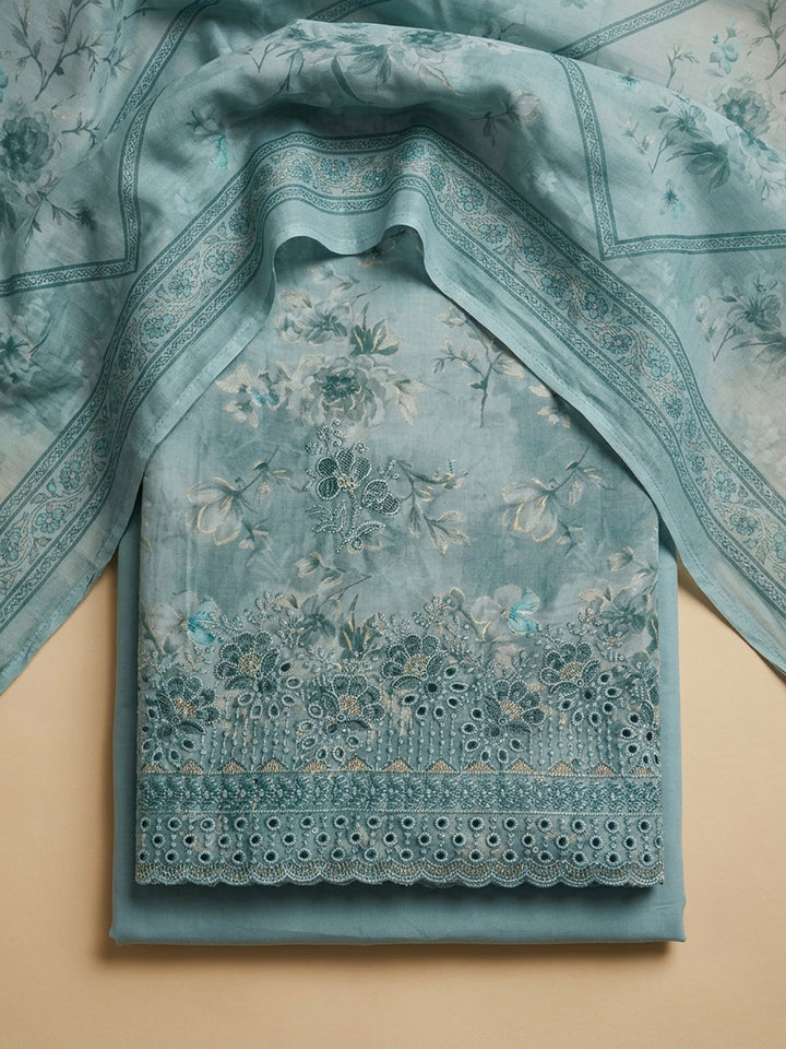 Sea Green Printed Cotton Blend Unstitched Suit &amp; Pant With Cotton Dupatta