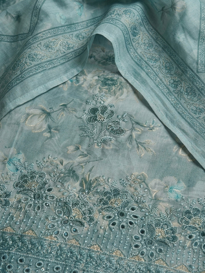 Sea Green Printed Cotton Blend Unstitched Suit &amp; Pant With Cotton Dupatta