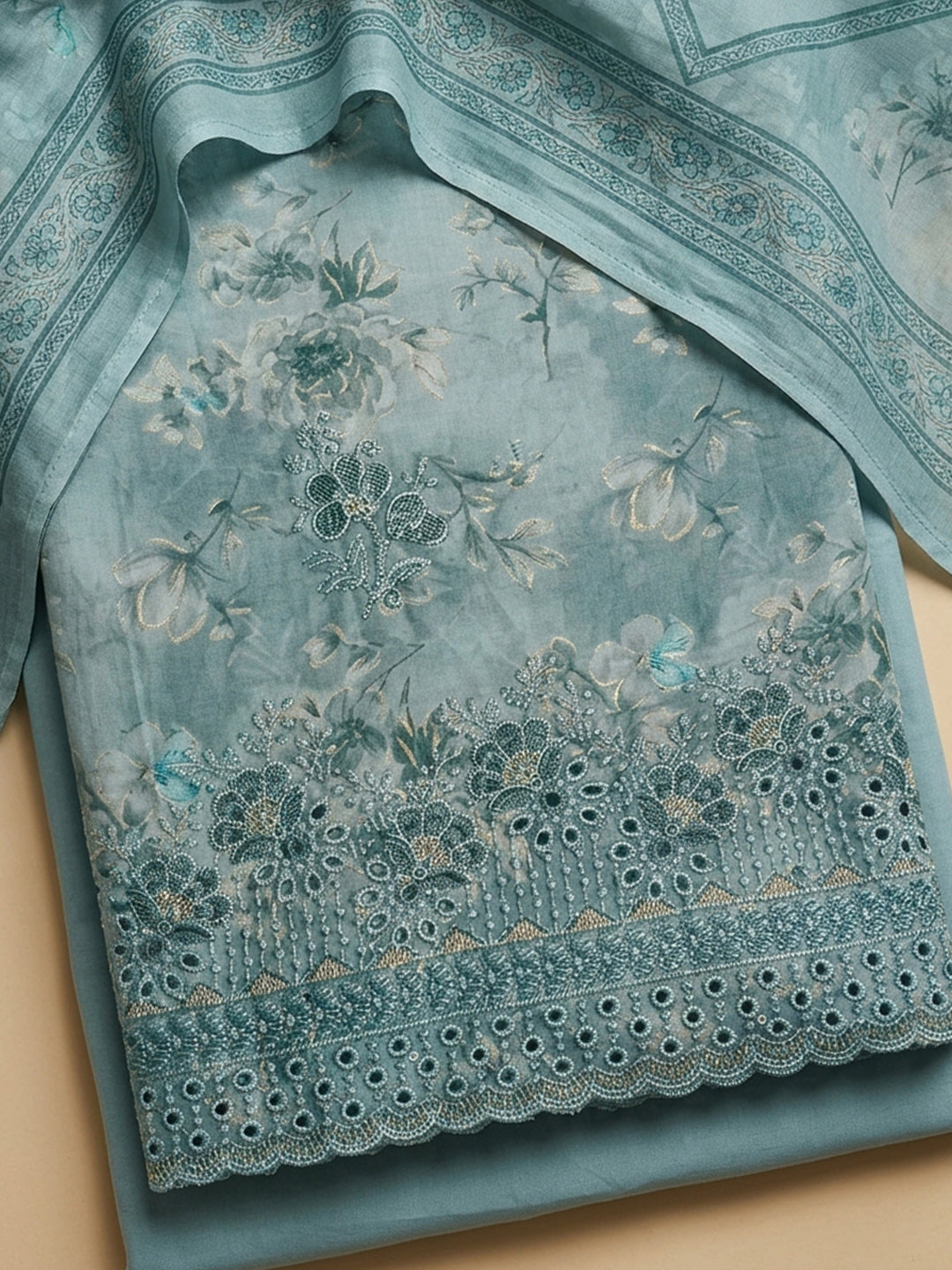 Sea Green Printed Cotton Blend Unstitched Suit &amp; Pant With Cotton Dupatta