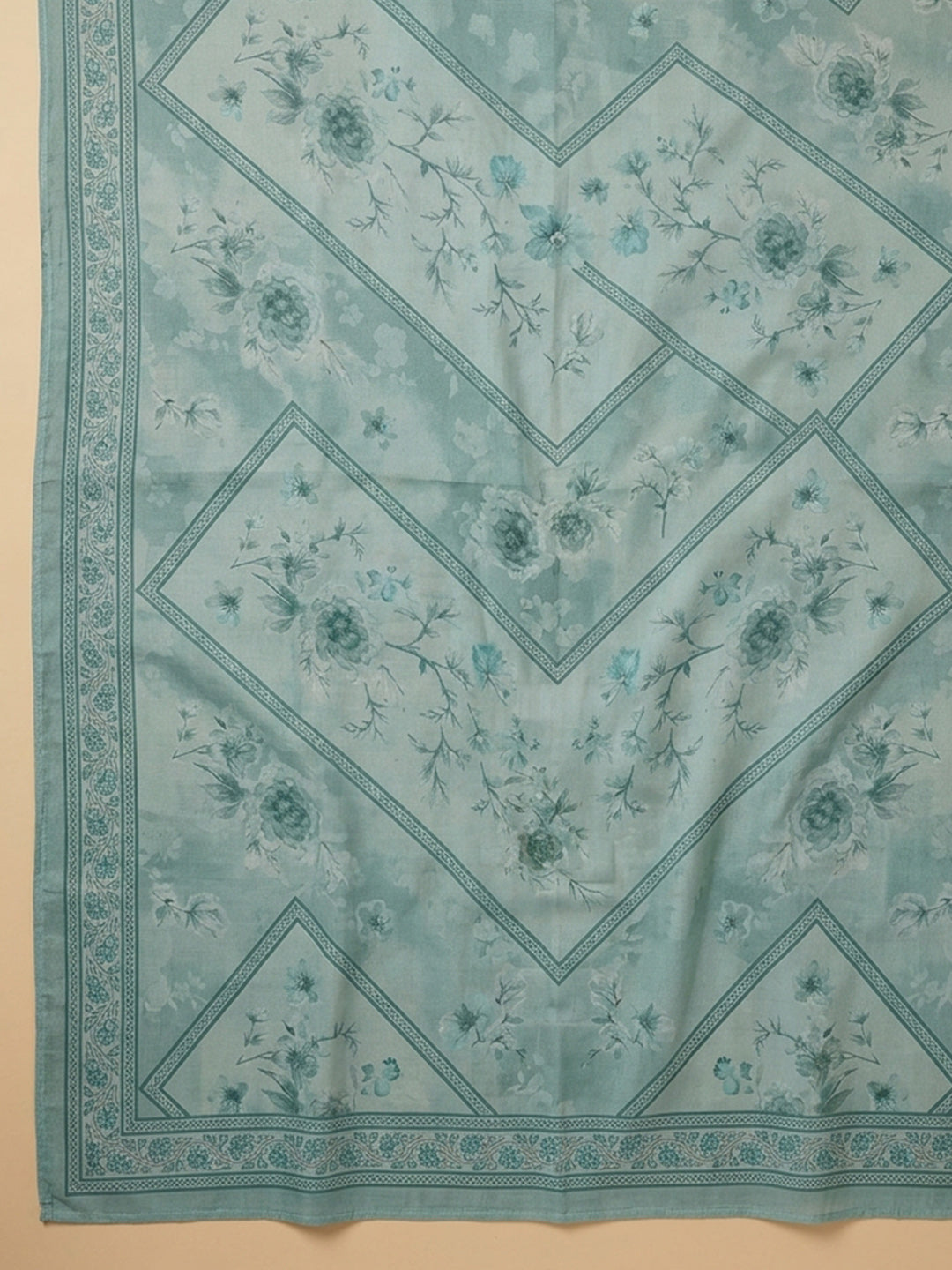Sea Green Printed Cotton Blend Unstitched Suit &amp; Pant With Cotton Dupatta