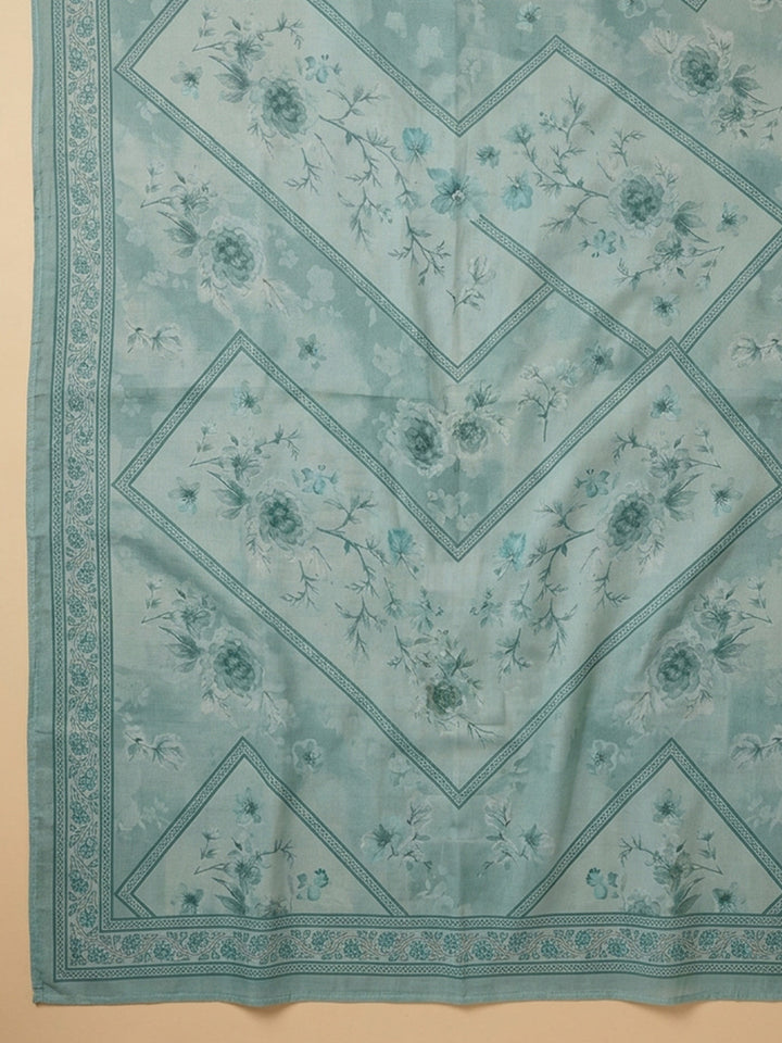 Sea Green Printed Cotton Blend Unstitched Suit &amp; Pant With Cotton Dupatta