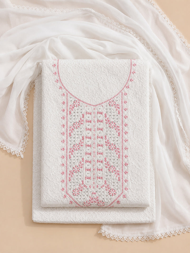 White Peach Embroidered Cotton Blend Unstitched Suit &amp; Pant With Cotton Dupatta