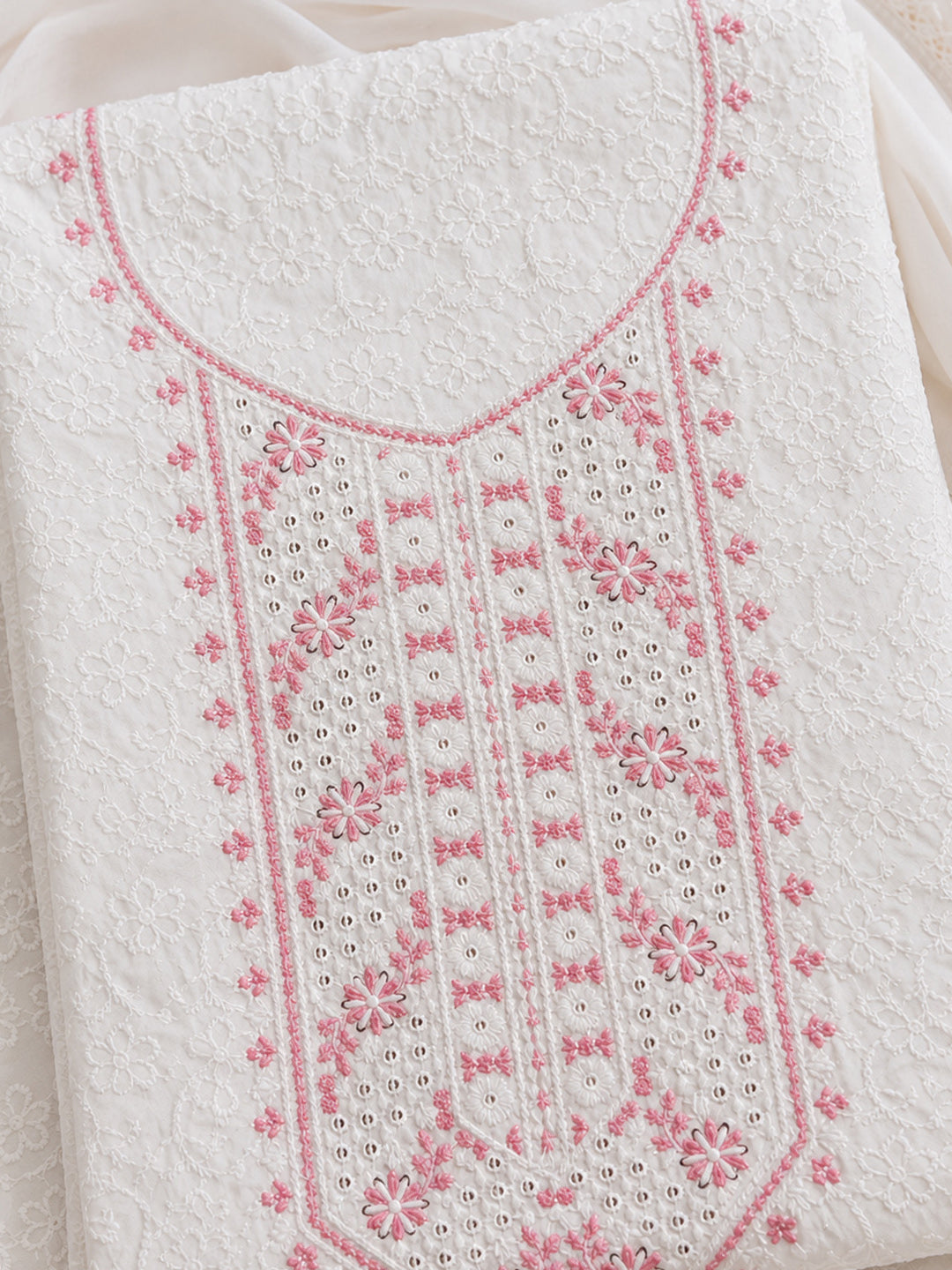 White Peach Embroidered Cotton Blend Unstitched Suit &amp; Pant With Cotton Dupatta