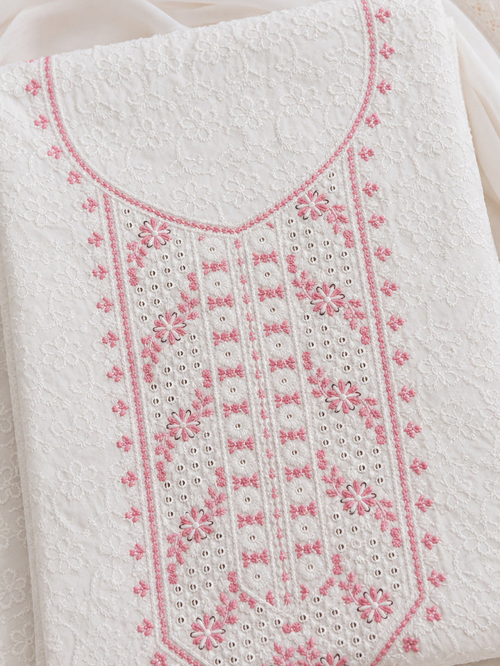 White Peach Embroidered Cotton Blend Unstitched Suit &amp; Pant With Cotton Dupatta