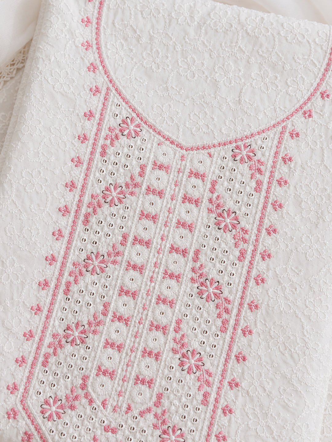 White Peach Embroidered Cotton Blend Unstitched Suit &amp; Pant With Cotton Dupatta