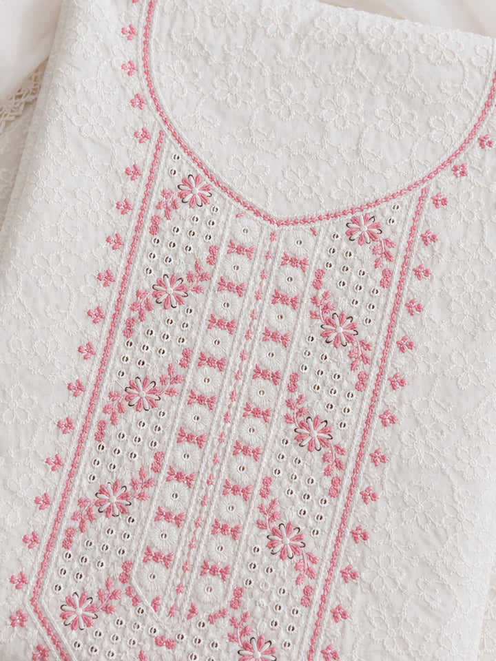 White Peach Embroidered Cotton Blend Unstitched Suit &amp; Pant With Cotton Dupatta